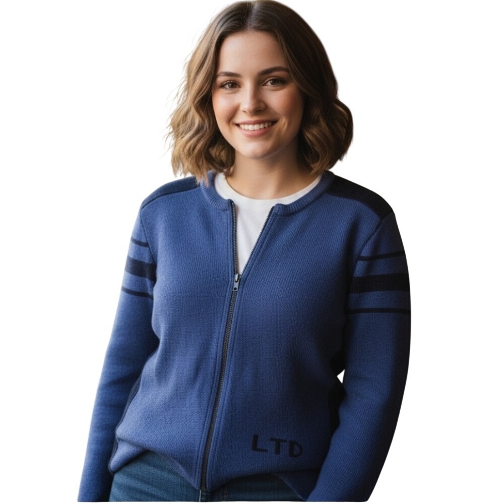 Limited America Womens 100% Merino Wool Full Zip Sweater Cardigan Cozy Blue L‎